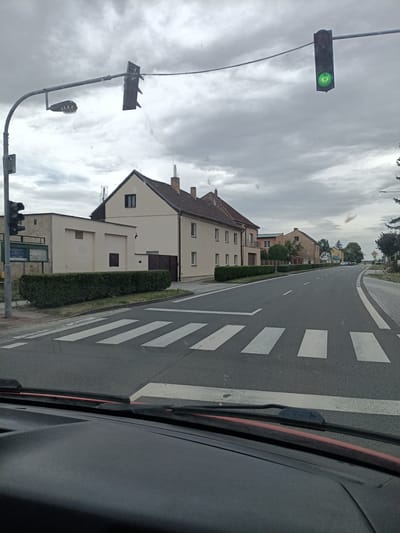 The image shows a street scene in Dřevčice, Czechia. A traffic light with a green light illuminated is visible overhead. A crosswalk is painted on the asphalt road, with white stripes indicating a pedestrian crossing. Several houses are situated along the street, some with tiled roofs. Green hedges line the sidewalk in front of the houses. The sky is overcast with clouds. The image is taken from inside a vehicle, with a portion of the dashboard visible in the foreground.