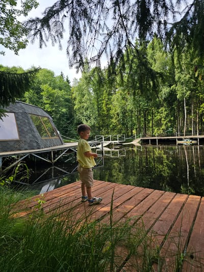 In the city of Ulitkino, Russia, a young boy stands on a wooden pier that extends into a calm lake. The boy, wearing a yellow t-shirt and beige shorts, faces away from the camera, looking out at the water. To the left of the pier, a modern, geodesic dome-shaped dwelling with large windows is situated on stilts over the water. The surrounding environment is a dense forest with tall trees, their reflections visible in the still surface of the lake. The sky above is partly cloudy.