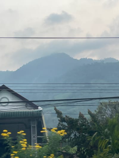 The image captures a serene, overcast daytime scene, likely in Thôn 18, Vietnam. A prominent feature is a vast, hazy mountain range that stretches across the mid-to-left background, its peaks and slopes shrouded in atmospheric perspective, suggesting a humid or distant vista. The sky above is overcast with soft, diffuse clouds.

In the foreground, a dense network of black utility wires runs horizontally across the right side of the frame, partially obscuring the view. Below these wires, on the far right, is the upper section of a building, presumably a house. It features a dark-colored roof and a lighter-toned facade with a distinct circular detail. Adjacent to the building, a vibrant tree with dark green foliage and numerous bright yellow blossoms, possibly a Cassia fistula (Golden Shower tree), adds a splash of color to the scene. No specific activity or event is taking place, presenting a static streetscape or landscape. The diffused light indicates either an overcast day, early morning, or late afternoon. No text is visible in the image.