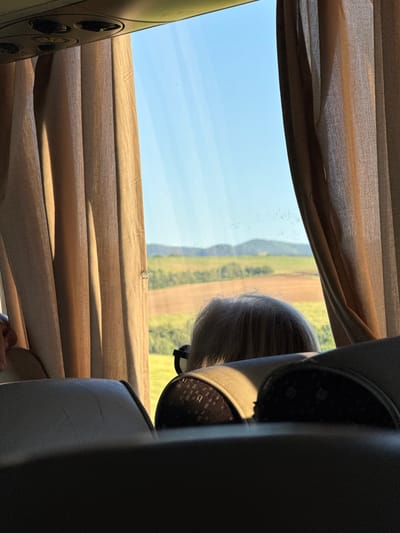 The image captures an interior view from a moving vehicle, possibly a bus, looking out a window. Brown curtains frame the sides of the window, with sunlight filtering through them. Outside the window, a pastoral landscape unfolds under a clear blue sky, featuring rolling hills and cultivated fields in various shades of green and brown. In the foreground, the back of a person's head with gray hair is visible, wearing dark-rimmed glasses. The person is seated, and part of a car seat is in focus in the lower portion of the image. The scene is likely set during daytime, judging by the bright sunlight. The location in Kiosevtsi, Bulgaria, is not explicitly depicted in the image itself.