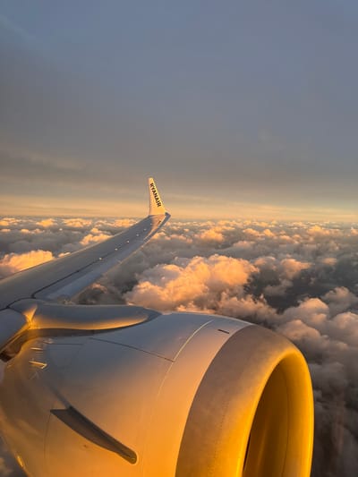 The scene, located in the city of Penafiel, Portugal, depicts an aerial view from a Ryanair aircraft during either sunrise or sunset. The dominant elements are the aircraft's right wing and engine, which occupy the lower and mid-left portions of the frame. The engine nacelle, light gray with a darker band near its intake, is prominently featured in the lower right, bathed in strong, warm golden light. Above the engine, the aircraft wing extends diagonally upward and to the left. Its winglet, visible at the far end, is white with "RYANAIR" printed vertically in black. Below the aircraft, a vast, dense expanse of cumulus clouds stretches across the middle ground, illuminated from above by the same golden sunlight, causing their tops to glow brightly against darker, shadowed areas. The sky above the clouds transitions from a hazy, warm golden hue near the horizon to a deeper, cooler gray-blue towards the upper left. No individuals, specific actions, or ground features of Penafiel are visible, as the entire view below the aircraft consists of clouds.