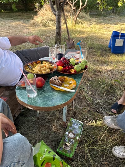 In Voskehat, Armenia, an outdoor picnic takes place on a sunny day. A round table with a green marble-patterned top holds a spread of food and drinks. A man in a white shirt and grey pants sits to the left of the table, his arm resting on it. On the table, a platter of puffy, golden snacks, a bowl of cherries and green apples, a slice of chocolate cake on a yellow plate, and a glass of water with a pink straw are visible. To the right, another glass with a blue straw, a dark blue container, and a shovel are present. Two people, wearing blue jeans, are seated near the table, their legs and feet visible. One person wears black sandals, and another wears white sneakers. A partially open green bag of snacks lies on the ground near their feet, along with a green cardboard box of chocolates. The ground is covered with dry grass and a few scattered leaves, with trees and foliage in the background, suggesting a rural or garden setting.