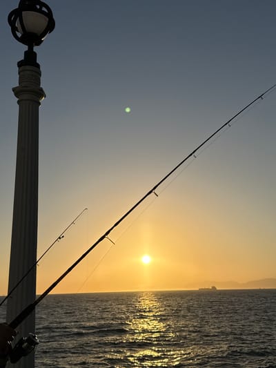 A low-angle, outdoor, full shot shows a sunset over the ocean in Manhattan Beach, California. A white lamp post with a decorative black lantern sits to the left of the frame. Two fishing rods extend diagonally across the scene from the bottom left towards the upper right. The sun, a bright orange orb, is positioned near the horizon, casting a shimmering golden reflection on the dark, rippling water. In the distance, a large cargo ship is visible on the water, silhouetted against the warm sky. The sky transitions from a clear, pale blue at the top to a gradient of orange and yellow near the horizon.