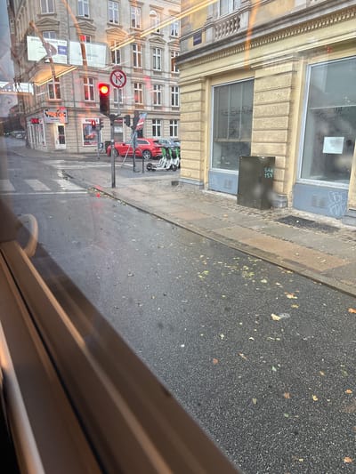 An urban street scene in Frederiksberg, Denmark, is captured from a slightly elevated perspective, likely from a vehicle's window, as indicated by the reflections on the glass. The image displays a street with a wet asphalt surface, suggesting recent rain. Fallen leaves are scattered across the road and sidewalk.

In the foreground, a portion of a vehicle's interior, possibly a bus or train, is visible on the left, with brown-toned seating and reflections.

The middle ground features a street intersection with a pedestrian crossing. Traffic lights are visible, with a red light illuminated on one. A red car is parked on the side of the road. Several electric scooters are lined up on the sidewalk.

The background reveals the architecture of Frederiksberg, with a building exhibiting classical architectural elements, including decorative moldings and columns. Large windows with blinds are present on the building's facade. Signs are displayed on the building, including one with "VIDEO C" and another with a red prohibition sign. A dark metal utility box is situated on the sidewalk. The overall impression is a typical city street scene in Frederiksberg.