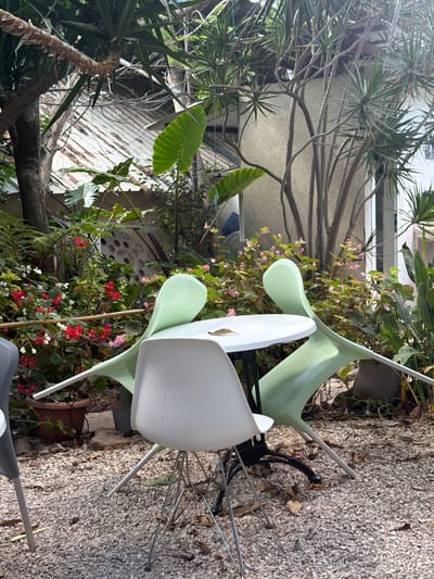 The image depicts an outdoor seating area in Beer Tuvia Regional Council, Israel, characterized by a gravel ground surface and lush vegetation. The scene features a white, circular table with a black base, accompanied by two chairs. One chair is white and has a distinct Eiffel tower base. The other chair is light green and has a similarly stylized, curved design. A small, light brown leaf rests on the surface of the table. Surrounding the seating area is a dense arrangement of plants, including flowering bushes with small red and white blossoms, ferns, and tall, spiky plants. In the background, a building with a textured wall and a corrugated metal roof is visible, partially obscured by the foliage. The overall impression is one of a tranquil, green outdoor space, possibly a cafe or a private garden.