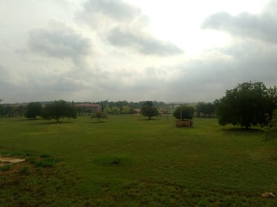 This image depicts a wide-angle outdoor scene in Alabata, Nigeria, under an overcast sky. The foreground and mid-ground consist of a large, expansive green grassy field with some patches of sparser vegetation. Scattered across the field are approximately five to seven deciduous trees of varying sizes, characterized by their green foliage. In the middle-right of the frame, a low-profile, rectangular well-like structure constructed from brick or concrete is visible.

In the distant background, a cluster of buildings with distinct orange or reddish-brown roofs can be seen, partially obscured by trees and the atmospheric haze. Further to the left in the background, additional structures and what appear to be palm trees are discernible. The sky is largely covered by dense, light grey clouds, with a brighter area towards the upper right, suggesting diffused sunlight. No individuals or active subjects are present in the frame. The overall impression is that of an open, somewhat rural or undeveloped land area adjacent to an institutional or residential complex.