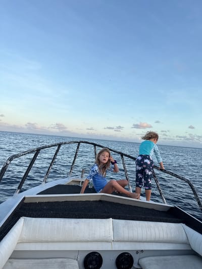 Two children are on the deck of a boat on the ocean. The child on the left is sitting down and looking at the camera. The child on the right is standing and looking out at the ocean. The sky is blue with some clouds. The water is choppy. The boat is a pleasure craft with white upholstery. This scene is not located in the city of Christmas Island, Australia.