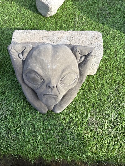 A concrete sculpture of an alien head rests on a rectangular concrete block, positioned on artificial green turf. The alien head has large, oval-shaped eyes, a small nose, and a slightly downturned mouth. Two small, pointed ears are visible. A section of a cylindrical concrete object lies to the left, partially obscured by the turf. The environment appears to be outdoors. Location cannot be verified.