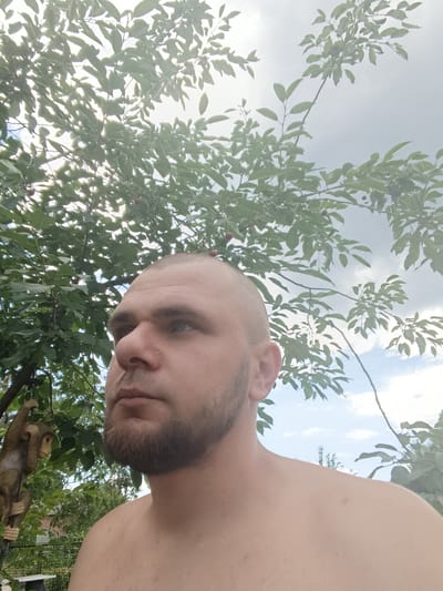 A shirtless man with a shaved head and a short beard looks up and to the left, his face filling the right side of the frame. He is outdoors, with a tree bearing small red fruits, likely cherries, behind and above him. The leaves of the tree are green and plentiful, obscuring much of the sky, which is a pale blue with some clouds. The lighting suggests it is daytime, possibly late morning or early afternoon, with sunlight filtering through the leaves.

To the left of the man, partially obscured by the tree's branches, is a small, hanging decorative object that resembles a monkey. The monkey is brown and appears to be made of a resin or ceramic material, with its arms wrapped around a branch. In the background, beyond the tree, there are glimpses of other greenery, suggesting a garden or yard setting. There are also hints of brick structures, possibly a fence or a building, and a white object that could be a bench.

The man's expression is neutral, his gaze distant. The overall mood is relaxed and natural, as if the photo was taken spontaneously. There is no visible text in the image. The location context provided is Pishchane, Ukraine.