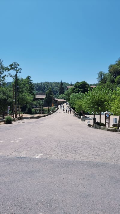 The image depicts a paved road winding through a wooded area, likely in or near Rupit, Spain. The road is cracked and worn in the foreground, transitioning to a smoother surface further up. On the left side of the road, there is a playground area with wooden swings and a grassy patch. Beyond the playground, several buildings with red-tiled roofs are visible amidst the trees.
On the right side of the road, there are more trees, some of which are in planters bordered by stone walls. Several people, appearing to be tourists, are walking up the road towards the buildings. There are also signs and informational boards placed along the roadside. The sky is clear and bright blue, indicating a sunny day. The overall scene suggests a public recreational or park area within a natural setting.