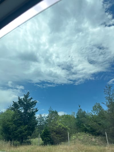 The image presents a daytime outdoor landscape observed from the interior of a vehicle in Gorno Varshilo, Bulgaria. The upper portion of the frame displays a blue sky intermittently covered by white and grey cumuliform clouds, with a dark, angled vehicle interior structure and a bright reflective window edge present in the top-left quadrant. The middle ground is dominated by a dense line of trees, primarily green coniferous and deciduous species. Two light-colored wooden fence posts supporting horizontal wires are visible in the lower middle of the tree line. The foreground consists of dry, light brown grasses and scattered green scrub vegetation. No human figures, animals, or specific actions are depicted.