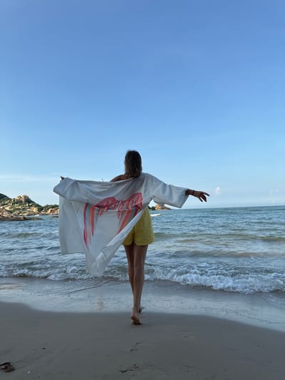 In the city of Thuận Thành, Vietnam, a lone woman stands on a sandy beach, facing away from the camera. She wears a white open-fronted garment with a colorful wing-like design on the back and yellow shorts. Her arms are outstretched, holding the garment out to her sides as if to embrace the scene. Gentle waves lap at the shore in front of her. In the distance, a rocky outcrop rises from the sea under a clear blue sky. The scene appears to be captured during the late afternoon, with the sun casting a warm glow on the water and sand.
