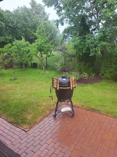 The image depicts an outdoor scene in the city of Avižieniai, Lithuania. In the foreground, a black kamado-style grill with wooden side shelves sits on a red brick patio. The patio is wet, suggesting recent rain. Beyond the patio is a lush green lawn. In the middle ground, there are several trees, a wooden structure resembling a small shed, and a wheelbarrow. The background is filled with dense green foliage and trees under a cloudy sky. There are no people visible in the image.