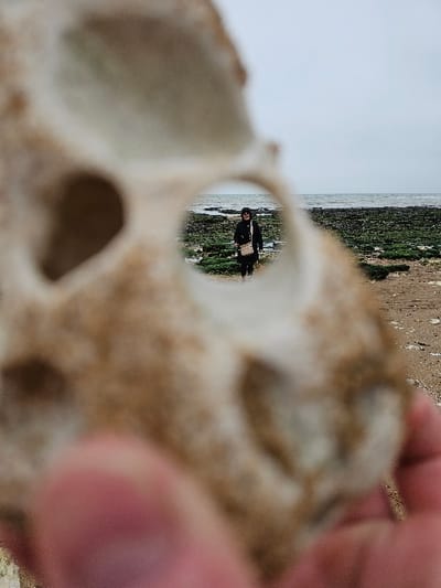 The immediate foreground features a large, light-colored shell, held by a human hand, which is significantly out of focus. A circular opening within the blurred shell precisely frames a distinct scene on a beach, located in Thanet, United Kingdom. Centered within this aperture, a female individual stands on an uneven rocky shore covered with patches of green seaweed. She is dressed in a dark coat, dark trousers, and sunglasses, with a light-colored cross-body bag slung over her left shoulder. The individual faces towards the camera. Behind her, the calm sea meets a flat horizon under an overcast sky. The fingers holding the shell are partially visible on the lower right of the frame, also out of focus.