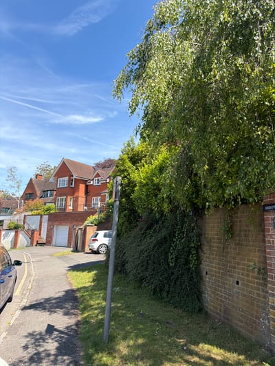 The image depicts a residential street in Guildford, United Kingdom. The camera angle is tilted, with the sky visible at the top left and the road running diagonally from the bottom right to the upper middle of the frame. A blue sky with contrails is present. Several brick houses with red roofs and white windows are visible, with greenery covering parts of the buildings and walls. A street lamp stands on the right side of the road, casting a shadow on the asphalt. A white car is parked in front of one of the houses. A road sign, partly obscured, reads "ABBOT," suggesting the location may be Abbot's Close. A brick wall overgrown with plants is seen on the upper right side. A blue car is parked at the bottom right of the image. No people are visible.