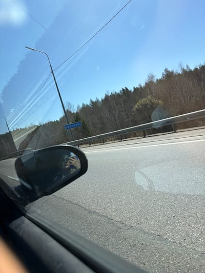 The view from inside a car traveling on a road, with a guardrail visible to the right. A forested area is beside the road. A blue road sign in Russian indicating "Вдовино" (Vdovino) is visible to the left. The side mirror of the car is in the lower right, reflecting a person holding a phone. The sky is visible in the background. The road surface is asphalt.