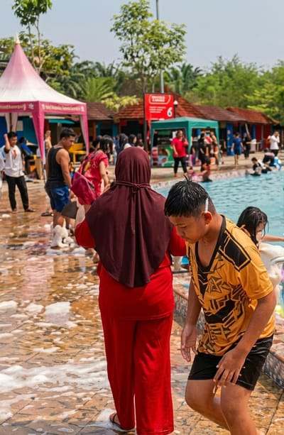 The scene shows a crowded water park in Durin Simbelang, Indonesia, under a clear sky. A young boy in a wet yellow and black shirt and black shorts stands near the edge of a pool. Next to him, a woman wearing a red outfit and a dark red hijab faces away from the camera. The ground around the pool is wet and covered in foam. In the background, there's a pool with people swimming and playing. There are also several buildings and tents, including one with a pink roof and a food stand marked with the number "6." Other people are visible around the pool, some walking, some standing, and some in swimwear. Trees and foliage are visible in the distance.