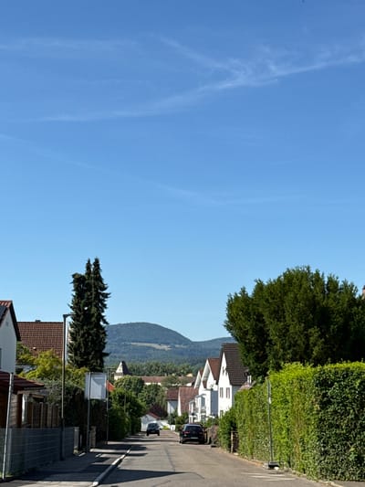 The image captures a street scene in Salach, Germany, under a clear blue sky with sparse white clouds. The perspective is from a street facing downhill, with residential houses lining both sides. On the left, a house with a red-tiled roof and white walls is partially visible, adjacent to a gray metal fence and a wooden fence. A tall, dark green evergreen tree stands between this house and the road. Further down the street on the left, another house with a red-tiled roof and white walls is visible, with a metal pole and a white signpost.
On the right side of the street, a dense, well-maintained green hedge runs along the sidewalk. Several white houses with red-tiled roofs are visible behind the hedge. The road itself is paved and appears to be a quiet residential street. Two black cars are driving down the street; one is closer to the foreground on the right, and another is further down the road on the left. In the background, rolling green hills with scattered trees and buildings are visible, culminating in a large, dark green, tree-covered mountain range under the bright sky. The overall impression is a peaceful, sunny day in a suburban German town.