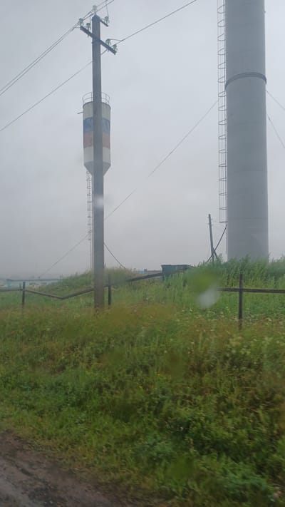 The image shows an outdoor scene on an overcast day in a rural or industrial area, possibly near the village of Kiyasovo, Russia, given the context. In the foreground, a dense area of green grass and wildflowers is visible, with a dark dirt or gravel road on the far left. A rustic fence made of horizontal wooden planks supported by vertical posts runs across the mid-ground.
Dominating the background are two tall, cylindrical structures. To the left, a shorter, narrower tower with vertical red, white, and blue stripes, resembling a water tower, is situated next to a utility pole with power lines. The water tower has a ladder running up its side and a small railing at its top. To the right of the water tower is a much larger, plain gray cylindrical structure, possibly an industrial chimney or storage silo, also featuring a ladder along its exterior. In the distance, a cluster of low-rise buildings and some green structures, possibly industrial sheds or storage containers, are faintly visible through the hazy atmosphere. The overall environment appears somewhat utilitarian and possibly industrial, set against a backdrop of natural vegetation.