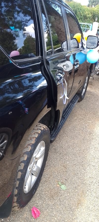 A black SUV, likely a Toyota Land Cruiser Prado, is prominently featured, parked outdoors on a gravel surface. The vehicle is adorned with festive decorations, including yellow and blue balloons attached near the front passenger door and side mirror, and a pink balloon visible through the rear passenger window. White ribbons are tied to the handle of the rear passenger door, suggesting a celebratory occasion.
The car's highly reflective black paintwork and windows mirror the surrounding environment, showcasing reflections of green trees, a bright blue sky, and white clouds. The vehicle is equipped with a dark-colored side step or running board, and its tires have a distinct, rugged tread pattern. On the ground near the rear wheel, a bright pink flower petal and some small green leaves are scattered. The scene is set on a sunny day, indicated by the clear reflections and bright lighting. Faint, partially obscured text is visible on the lower frame of the rear passenger window, but it is unreadable. The decorations imply the car is part of a special event such as a wedding, birthday, or other celebration.