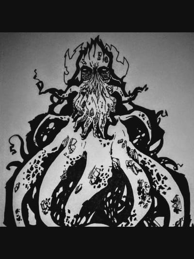 The image is a black and white ink drawing of a mythical creature, possibly Cthulhu, depicted with a tentacled head and multiple arms or tentacles spreading outwards. The creature is shown against a plain background. There are no identifiable features of the city of Norcia, Italy, or any specific urban environment. The drawing is detailed, with intricate patterns and shading used to create a sense of texture and depth. There are no people or any discernible actions or interactions occurring in the image.