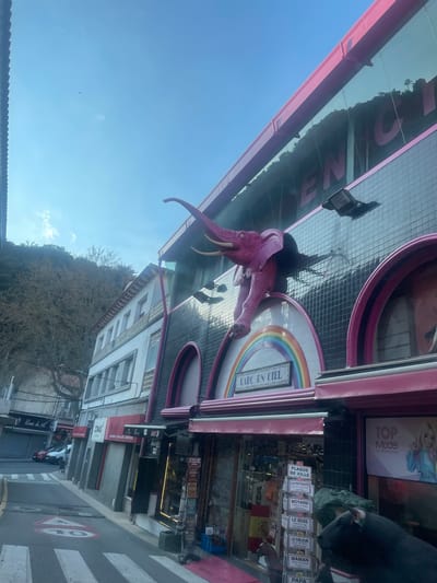 The image depicts a street scene in Le Perthus, France, under a clear blue sky with sparse clouds. Dominating the right side of the frame is a multi-story commercial building featuring a distinctive pink and black facade. A large, pink elephant sculpture with tusks protrudes from the second story, appearing to break through a black tiled wall segment. Below the elephant, a semi-circular arch decorated with a rainbow motif bears the sign "L'ARC EN CIEL."
The upper section of this building incorporates reflective glass panels, reflecting the sky and a distant, tree-covered hillside. The ground floor houses storefronts with pink awnings. One window displays "TOP MODEL by Despacha," while an adjacent souvenir shop displays various items and a stand outside with numerous plaques listing terms such as "PLAQUE DE VILLE," "LA RETRAITE," "MOTARD," "LE BOSS," "LE RÂLEUR," "MAMAN," and "PAPA." Partially visible in the immediate foreground, a dark-colored statue, possibly a bull, stands on the pink-paved sidewalk.
To the left of this prominent building, a white, multi-story building with a tiled roof and multiple windows is visible. Further down the street, other storefronts, including "Blanc du Nil" and "COMAS" with a red awning, line the road. The street itself is asphalt, featuring white pedestrian crossing stripes and a yellow line. A red triangular road marking with a "10" and a pedestrian symbol is painted on the pavement, indicating a speed zone. Several vehicles, including red and white cars, are parked further along the street. A steep, sparsely vegetated hillside rises in the background behind the buildings on the left. Utility poles and wires are present on the left side of the street.