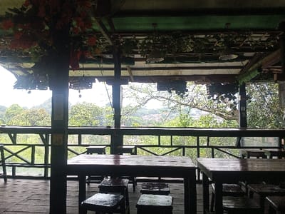An open-air restaurant deck with wooden tables and stools overlooks a verdant landscape. A low wooden railing surrounds the deck. Overhead, the ceiling is adorned with hanging plants and decorative lights. A large pillar, decorated with flowers and plants, partially obstructs the view from one side. Outside, trees and houses are visible in the distance, creating a picturesque scenery. The light appears soft and diffused.