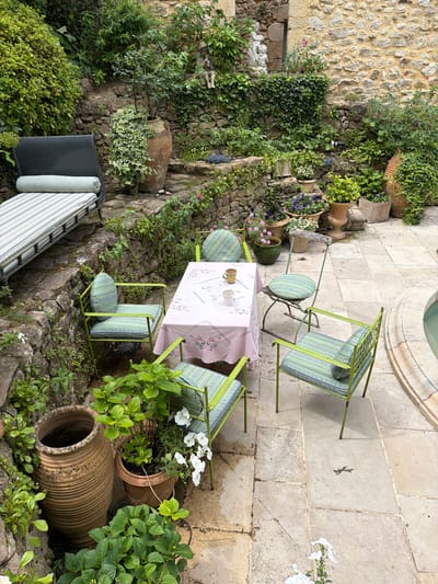 The image, rotated 90 degrees clockwise, depicts a tranquil outdoor patio or terraced garden in Saint-Victor-la-Coste, France. The scene is dominated by lush greenery, rustic stone architecture, and inviting outdoor furniture.

In the central foreground, a square table is covered with a light pink tablecloth featuring subtle floral embroidery, suggesting a setting prepared for dining or refreshments. Two drinking vessels, one bronze-toned and one white, are placed on the table. Surrounding the table are four light green metal chairs, each fitted with striped light blue and green cushions, designed for comfort. Another similar chair is positioned near a stone-rimmed water feature or fountain visible in the background. To the left, a lounge chair or daybed with matching striped cushions provides an additional spot for relaxation.

The garden features extensive stone terracing and walls, partially covered with various plants, including dense ivy, flowering vines, and potted shrubs. Numerous terracotta pots of different sizes and styles are integrated into the landscape; some hold vibrant plants like white petunias, blue delphiniums, and small pink/purple flowers, while others are decorative, including a large one lying on its side. The stone walls exhibit a natural, weathered texture, enhancing the rustic charm.

The ground consists of light-colored, irregularly shaped flagstones. On one of these paved areas, two small lizards are visible. The lighting is bright and even, indicating a pleasant daytime setting, likely morning or late afternoon, with soft shadows. The overall atmosphere is peaceful and inviting, characteristic of a Mediterranean-style outdoor living space. No individuals are present in the scene, and there is no visible text.