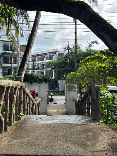 This image depicts a pathway leading towards a street in Karon, Thailand. In the foreground, a textured concrete path transitions to a section of irregularly shaped stone tiles. A rustic railing made of what appears to be natural wood or concrete sculpted to resemble wood flanks the pathway. Beyond the railing, a paved street is visible with a white van and a red vehicle. On the street, a person is seated on a scooter, wearing a helmet. To the left, a modern, multi-story building with white facades and balconies is visible behind palm trees. To the right, lush green foliage and trees partially obscure another building. Power lines and utility poles are prominent in the background against a cloudy sky. The scene suggests a tropical urban environment with a blend of natural elements and modern infrastructure.