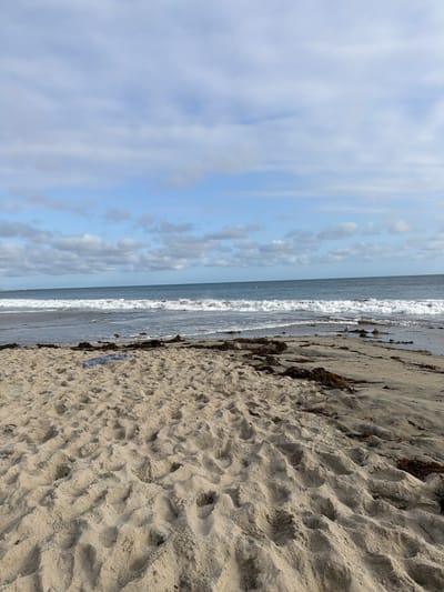 A wide shot captures a serene beach scene in Laguna Beach, California. The foreground is dominated by rippled sand, bearing the marks of footsteps. A blue cloth lies on the sand in the middle ground. Beyond the sand, the ocean stretches out, with waves gently breaking and receding. The horizon is defined by the meeting of the sea and a sky filled with scattered clouds against a pale blue backdrop. The overall atmosphere is tranquil and natural.