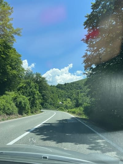 The image shows a winding paved road in a rural, mountainous area. Lush green trees and vegetation line both sides of the road, with a clear blue sky and white clouds overhead. In the distance, rolling hills covered in trees are visible, and a small, white-roofed structure can be seen on one of the hillsides. The perspective is from the driver's seat of a vehicle, with the hood and windshield wipers of a car visible in the foreground, along with the Mercedes-Benz logo on the hood. The scene suggests a scenic drive through the Montenegrin countryside, potentially near Moračko Trebaljevo, Montenegro. There are no people or animals visible in the image.