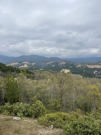 The image depicts a mountainous landscape under a cloudy sky. The location is suggested as Rozhen, Bulgaria. The mountains are covered with vegetation, with a mix of trees and open areas, appearing light brown. In the right part of the image, the vegetation is denser, appearing more green. The sky is overcast with gray clouds, reducing visibility of distant features. The image is taken from an elevated viewpoint, looking out over the landscape. No people or animals are visible.