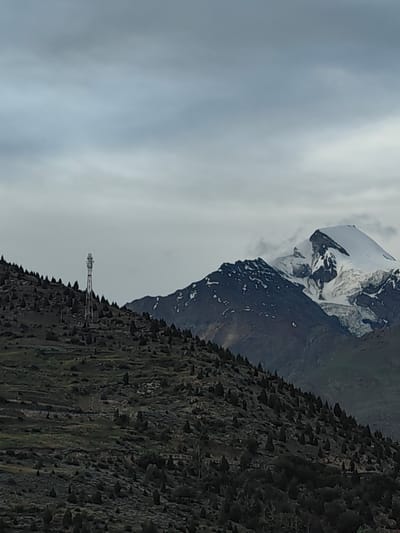 The image depicts a mountainous landscape with a cloudy sky. In the foreground, a steep, dark, and sparsely vegetated hillside is visible, dotted with numerous conical trees. A tall, metallic communication tower stands prominently on the crest of this hill. In the background, a majestic, snow-capped mountain range dominates the horizon. The larger peak is covered in snow and ice, with dark rocky outcrops and patches of snow on the lower slopes of the adjacent mountains. The overall environment suggests a remote, high-altitude location. While the prompt mentions Gushal, India, this specific location cannot be definitively confirmed or denied from the visual information alone. There are no discernible people or actions depicted in the image.