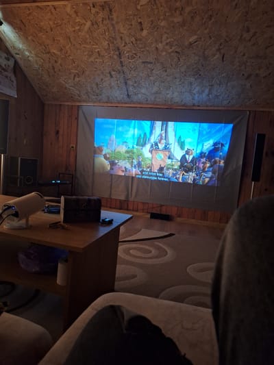 The photo shows an indoor space with exposed OSB (oriented strand board) walls and wooden planks. A projector screen displays an animated scene with subtitles, suggesting someone is watching a video. Below the screen, a wooden table holds a projector, a small black box, and other miscellaneous items. The floor is covered with a circular pattern carpet. A sofa is partially visible in the foreground on the right side of the frame. The image does not provide enough information to definitively place it in Panagyurski kolonii, Bulgaria.