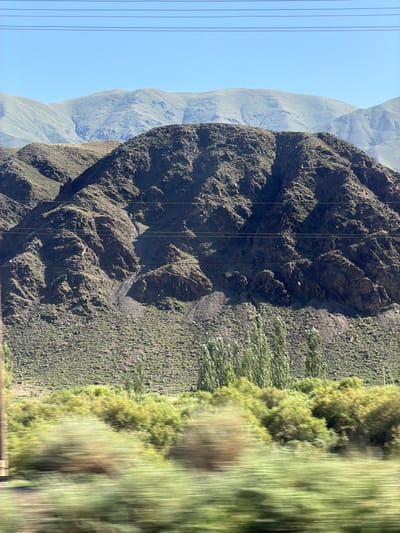 The image depicts a vast, mountainous landscape in Kyrgyzstan, likely Kok Moynok Eki, bathed in bright daylight. The scene is dominated by imposing, rugged mountains. On the left, a lighter, smoother mountain range recedes into the distance under a clear blue sky. Closer to the foreground, a darker, craggier mountain rises sharply, its textured surface indicating rocky terrain. Thin, dark lines, suggestive of power lines or wires, run vertically across this darker mountain and into the sky.
The right side of the image transitions to a steep slope covered in dense green vegetation. This area is marked by a blurring effect, indicating motion or a fast shutter speed, possibly from a moving vehicle. The vegetation appears as a thick, verdant carpet, with some areas of trees or bushes visible as denser clusters of green. The overall impression is one of a remote and wild natural environment. No people, specific objects, text, or discernible emotions are evident. The time of day appears to be daytime, with clear skies suggesting fair weather.