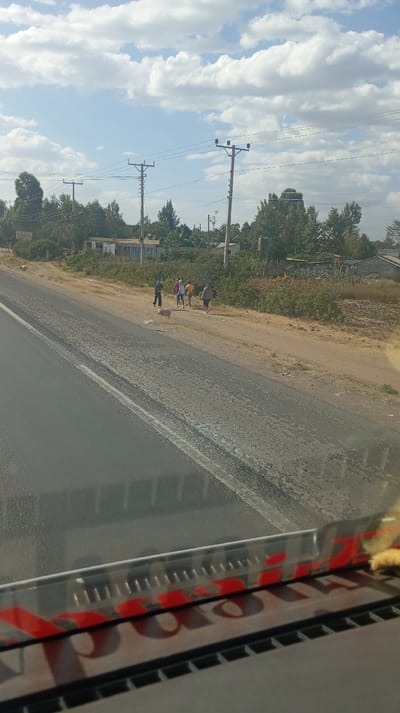 A group of people walk along a dirt road next to a paved highway. One person appears to be guiding a sheep or goat. In the background, there are power lines and houses with trees. The sky is blue with fluffy white clouds. The image is taken from inside a vehicle, showing part of the dashboard.