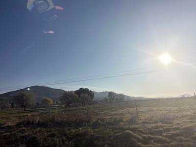 A sun-drenched, wide-angle landscape photograph depicts a rural area near Piedrahíta, Spain, under a clear, bright blue sky. The upper right portion of the image is dominated by a brilliant sun, emitting a prominent starburst flare. Reflections consistent with an interior vehicle element, possibly a rearview mirror or overhead light, are visible in the upper left quadrant. Three dark, parallel power lines stretch horizontally across the middle-upper section of the sky.
The midground features an expansive, irregular field or pasture with dry, light brown and green vegetation, possibly fallow or recently harvested. Scattered deciduous trees, some appearing bare and others with sparse light green or yellow foliage, are distributed across this field. Thin, dark fence posts are visible vertically in the immediate foreground, suggesting a property boundary. In the background, a range of dark, undulating hills and mountains extends across the entire horizon line, with the farthest peaks on the right partially obscured by atmospheric haze. No individuals or animals are present, and no explicit actions are depicted.