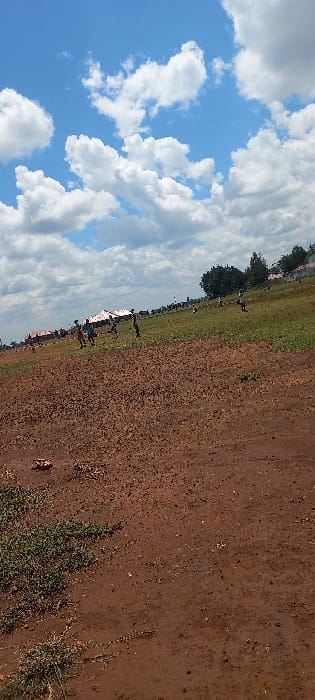 The scene depicts an outdoor field in Kapsaos ward, Kenya, under a bright blue sky with scattered large white cumulus clouds. The immediate foreground consists of reddish-brown, dry soil with sparse patches of low-lying green vegetation, primarily on the left. The midground features an expanse of green grass where approximately ten small figures, identified as children, are dispersed and appear to be engaged in recreational play. Several structures with reddish roofs are visible in the far-left midground. The background is marked by a line of dark green trees on the horizon.