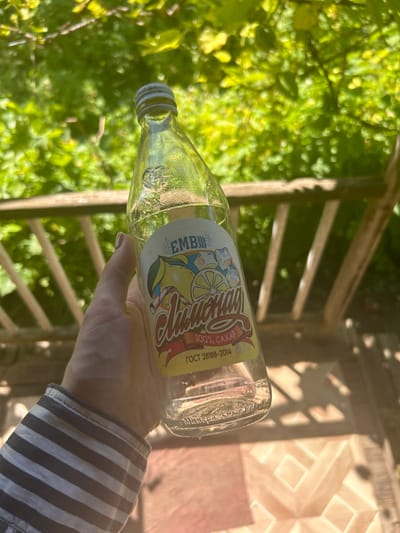 A person's hand, wearing a grey and white striped shirt sleeve, holds a glass bottle of "Lemonade" flavored drink. The bottle has a yellow label featuring a drawing of lemons, ice cubes, and a straw, along with text in Russian indicating "EMBB", "100% SAHAR" (100% Sugar), and "GOST 28188-2014 0.5L". The background consists of blurred green foliage, suggestive of an outdoor setting with natural light filtering through. The scene appears to be in Zvonarevka, Russia.