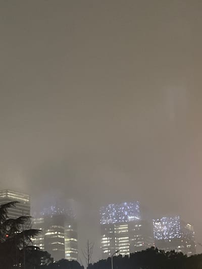 The image displays a nighttime cityscape in Yanqiao, China, significantly obscured by heavy fog or low-hanging clouds. The upper two-thirds of the frame is dominated by a uniform, light grey-brown mist. In the lower third, multiple high-rise buildings are visible, their upper sections fading into the dense atmospheric conditions. The buildings feature numerous illuminated windows, appearing as horizontal bands of light. Two prominent structures in the center-right and far-right exhibit extensive, patterned lighting on their upper facades, manifesting as dense clusters of bright white points. Dark silhouettes of trees, some with visible branches, are present in the immediate foreground, partially obscuring the bases of the buildings. No individuals, specific actions, or interactions are discernible within the scene.