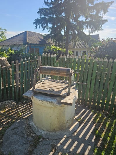 The image depicts a well in the village of Rădoaia, Moldova. The well is made of concrete and has a wooden cover with a crank mechanism for drawing water. It is surrounded by a green wooden fence, behind which are two houses with corrugated metal roofs and blue siding, and lush vegetation. A large evergreen tree stands in the background, casting long shadows on the ground. The sky is clear and blue, with some light clouds. The overall scene suggests a rural, possibly historic, setting. There are no people or animals visible in the image.