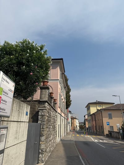 The image shows a street scene in Balerna, Switzerland. On the left, a bus stop sign displays "Croce Bianca" and lists destinations, including "Mendrisio." A large tree with white flowers is in the foreground, to the right of the bus stop. Behind the tree is a pink building with windows. A stone wall runs along the sidewalk, and a gray metal gate is visible. The street is paved, with yellow and white markings. Several buildings line the street, varying in color and architectural style. The sky is blue with some clouds.