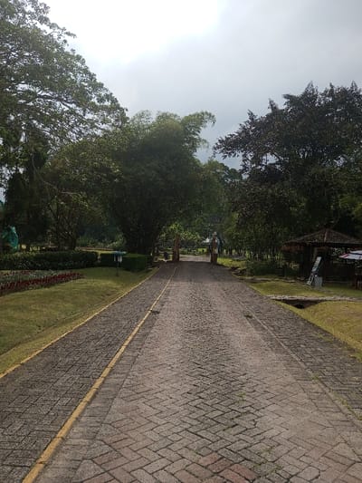 A brick path stretches into a park with tall trees framing the walkway. A gazebo sits to the right, while manicured flower beds line the left. A wooden archway is visible in the distance. The path itself is a herringbone pattern with a subtle yellow border. A cloudy sky hangs overhead.