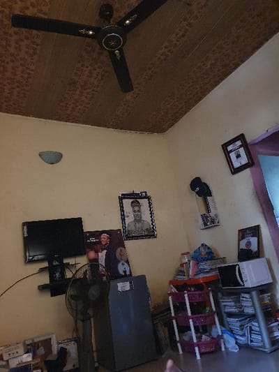 The room displays an eclectic mix of items. A ceiling fan sits on the left, mounted on a patterned wall. A framed picture is high on the adjacent wall. Below, there is a wall-mounted television, an electric fan, and several framed pictures. A shelf with books and other items is near the top right, with a small white appliance next to it.