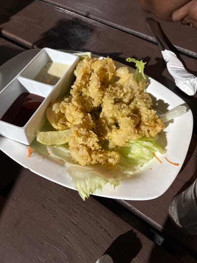 This image captures a close-up, dimly lit scene at a restaurant table in Roatán, Honduras, likely during evening hours. The central subject is a white, oval-shaped plate holding a substantial portion of golden-brown, breaded, and fried calamari rings and tentacles. The fried calamari rests on a bed of light green lettuce leaves, garnished with two fresh lime wedges and a few shredded orange vegetable pieces. To the upper left of the calamari, a white rectangular dish with three compartments contains three distinct sauces: a dark red/brown sauce, a creamy off-white sauce, and a light green sauce. The plate is positioned on a dark brown wooden table, exhibiting visible grain and horizontal plank lines. In the upper right corner, a silver utensil, possibly a fork or knife, is partially visible, wrapped in a crumpled white paper napkin. A dark-skinned arm or hand is faintly visible in the top right. The rim of a dark, textured condiment dispenser is partially visible in the lower right. Strong shadows are cast from the plate and objects, suggesting a direct artificial light source from the upper left.