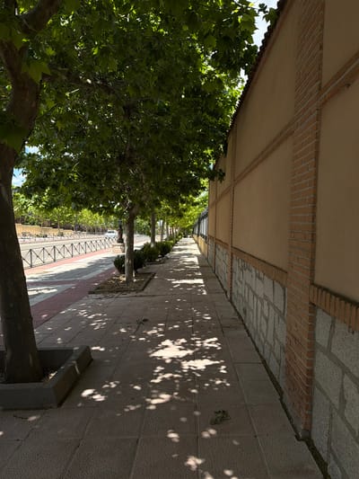The image shows a sidewalk in Las Ventas De Retamosa, Spain, adjacent to a tree-lined street. The sidewalk is made of light grey stone tiles, with patches of shadow cast by the trees overhead. A low brick wall with alternating beige and brown bricks runs along the left side of the sidewalk. Trees line the street, with visible branches and green leaves. A red and grey tiled street is visible between the sidewalk and the far side of the street, protected by a metal railing. A single parked car can be seen further down the street. A concrete bench is partially visible in the lower right of the image.