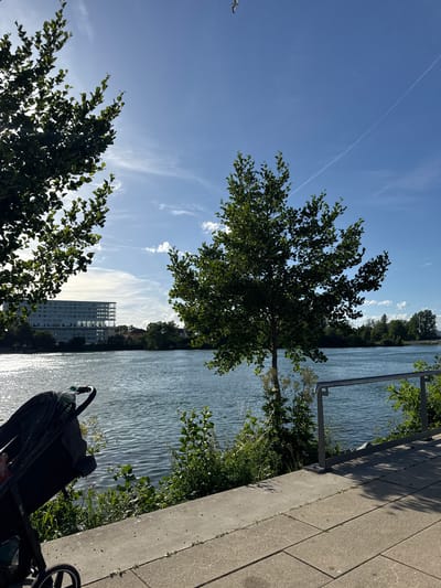 The image depicts a waterside scene in Weil am Rhein, Germany. In the foreground, a stroller is parked on a paved walkway next to a body of water. The stroller is dark gray and appears to be equipped with a bottle of water secured to its handle. The walkway is made of concrete slabs and shows some signs of wear, with small plants growing in the cracks.

Beyond the walkway, the water reflects the bright sunlight, creating a shimmering effect. Lush green vegetation lines the edge of the water, with taller trees framing the scene. Across the water, a modern, multi-story building with a glass facade is visible on the opposite bank, flanked by trees. The sky is a clear blue with scattered white clouds and a contrail from an airplane.

The overall impression is a tranquil daytime scene along a waterfront promenade.