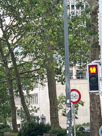 A street scene in Saint-Josse-ten-Noode - Sint-Joost-ten-Node, Belgium features a traffic light showing red figures of two people, indicating that pedestrians should not cross. Next to it, a circular sign with a red border depicts a bicycle, also signifying a restriction related to cycling. A gray lamppost stands tall, adorned with stickers. In the background, trees with dense green foliage partially obscure a modern building with multiple windows. The environment appears to be a public urban space.