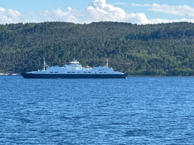 A white and black ferry boat named "Fjord1" is seen in the middle of a body of calm, blue water. The ferry is angled to the right, and its hull is black with a white superstructure. The ferry has multiple decks and appears to be carrying vehicles. In the background, a dense, green forest covers a hilly landscape. The sky above is blue with scattered white clouds. The image is a photograph of a scenic view of the water and shoreline.