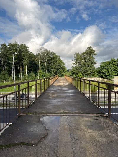 The image depicts a concrete pedestrian overpass spanning over a road in Нива Снт, Russia. The overpass has rusted metal railings on both sides. The surface of the overpass is wet with several puddles, and moss is visible growing along the edges. On the road below, a dark-colored car is seen driving. The surrounding environment is characterized by a dense forest of deciduous and coniferous trees. The sky is partly cloudy with large white cumulus clouds against a blue sky, suggesting it may have recently rained. A street light is visible on the left side of the image. The overall scene conveys a sense of a quiet, possibly rural, or suburban area.